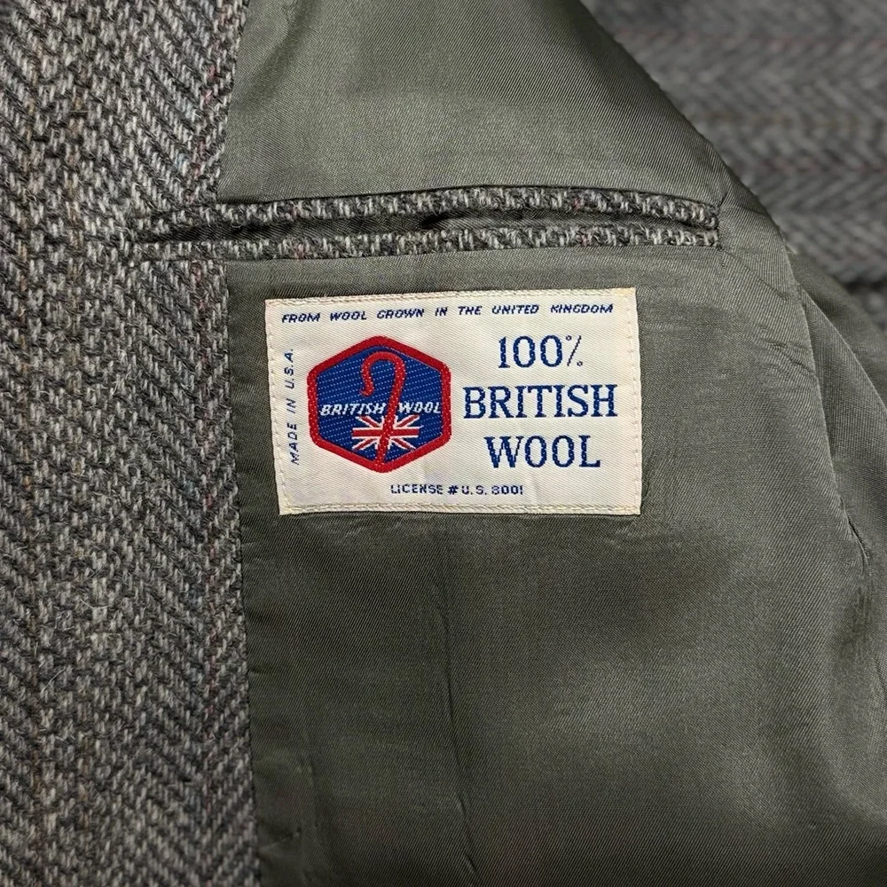 Vtg 70s British Wool Made in USA grey herringbone tweed blazer jacket men's‎ 42R